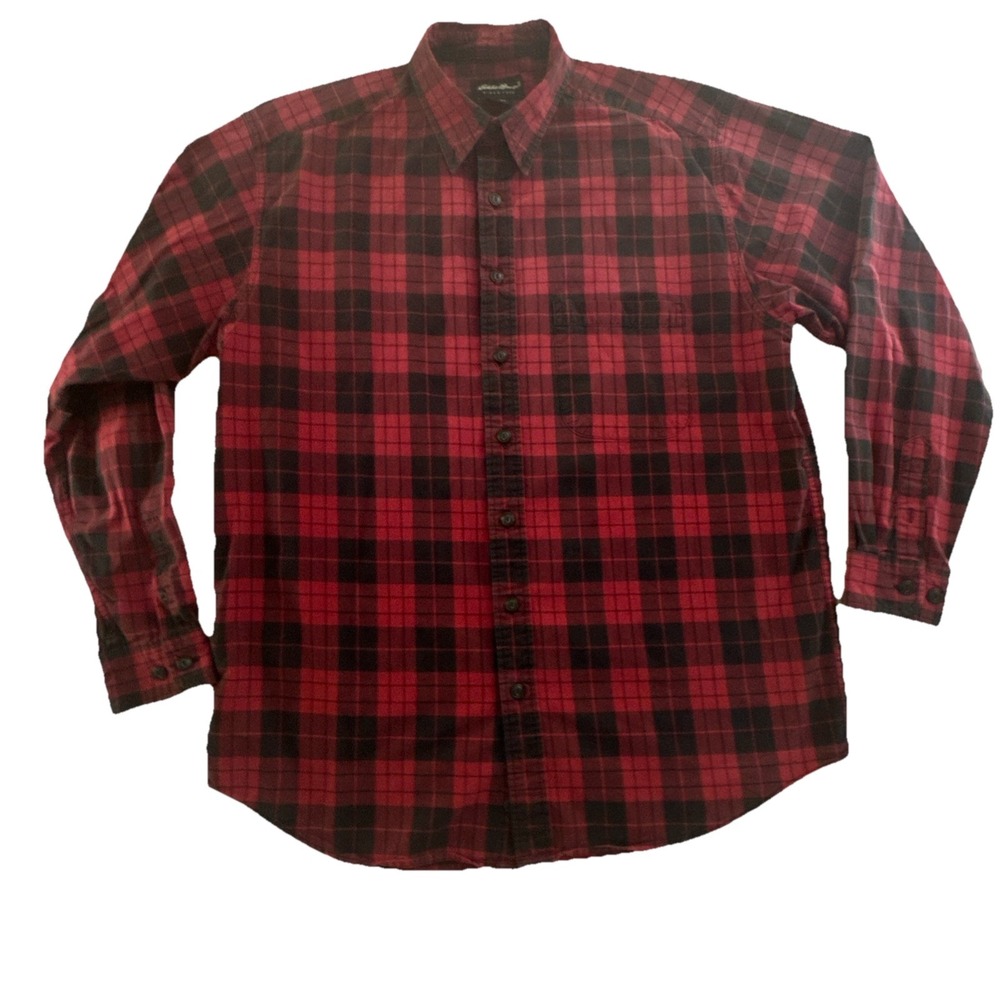 Eddie Bauer Shirt Mens L Tall Red‎ Black Plaid Long Sleeve Button Down Flannel